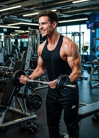 Homme souriant effectuant un curl biceps avec une barre