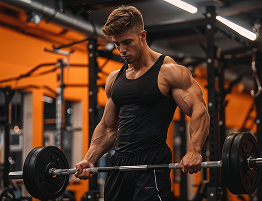Homme muscl&eacute; effectuant un curl biceps avec une barre