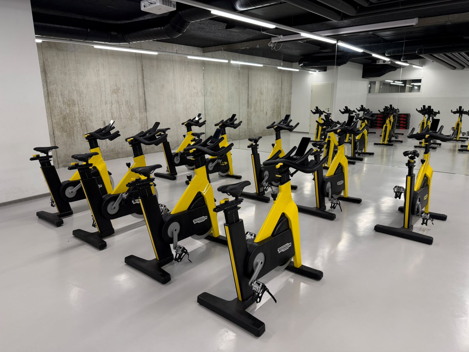Salle de spinning avec v&eacute;los Technogym jaunes et noirs align&eacute;s