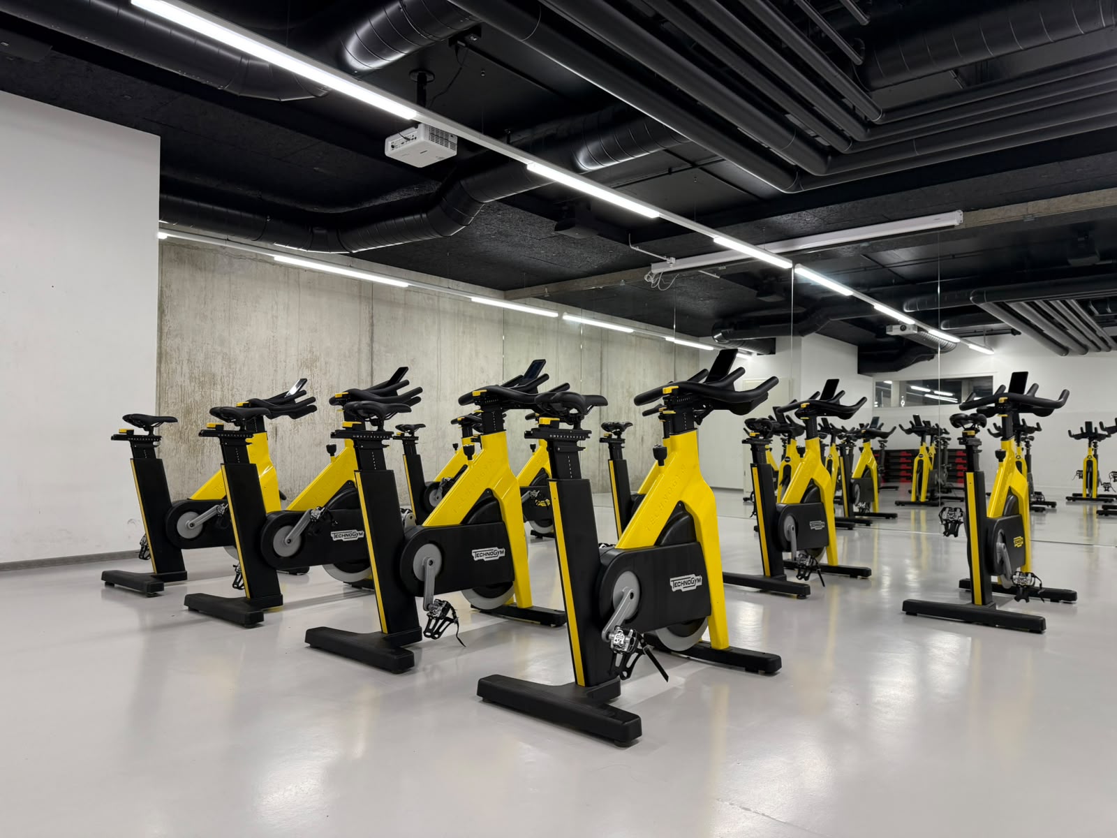 Vue rapproch&eacute;e d'une rang&eacute;e de v&eacute;los de spinning Technogym jaunes et noirs