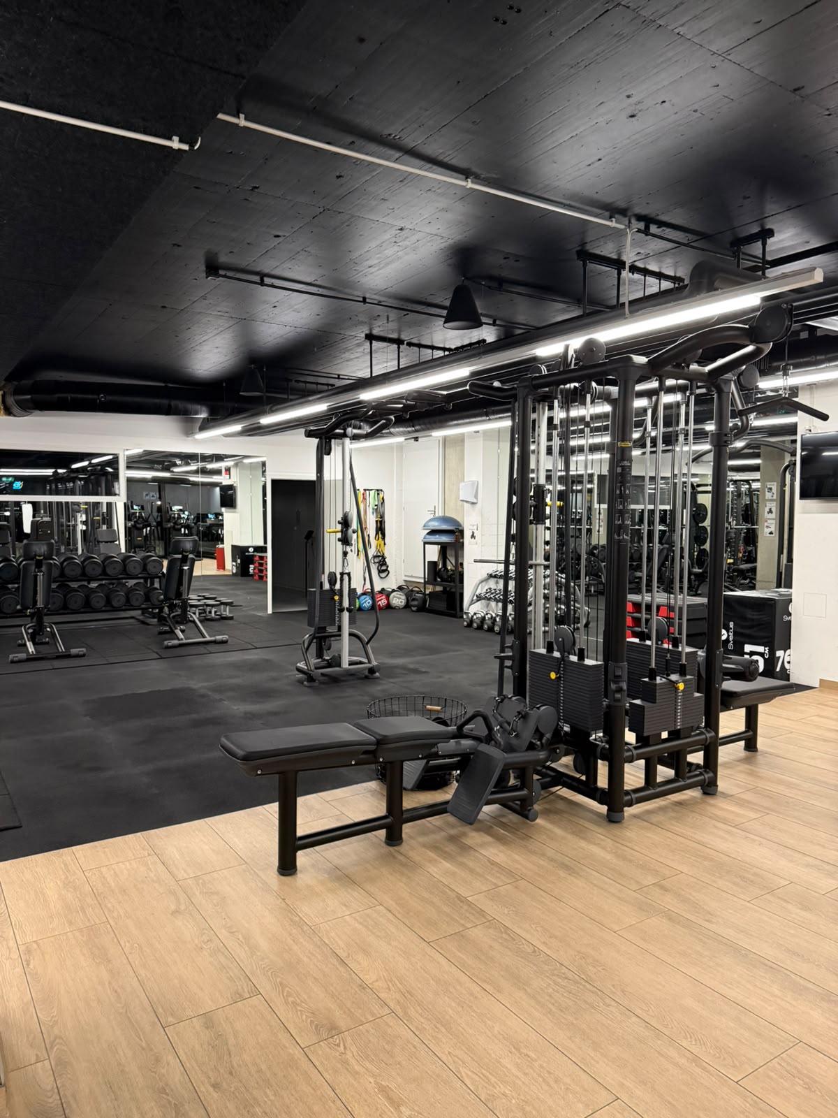 Salle de musculation avec machine de traction poulie et &eacute;quipements vari&eacute;s