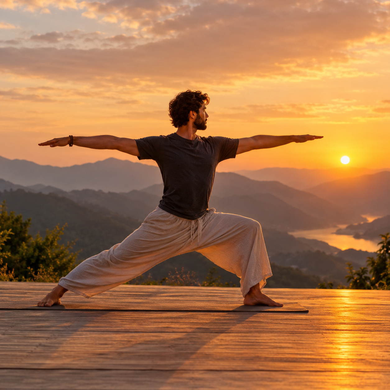 Un homme dans la posture du Guerrier II sur une terrasse au coucher du soleil, avec vue sur des montagnes et une vall&eacute;e fluviale.