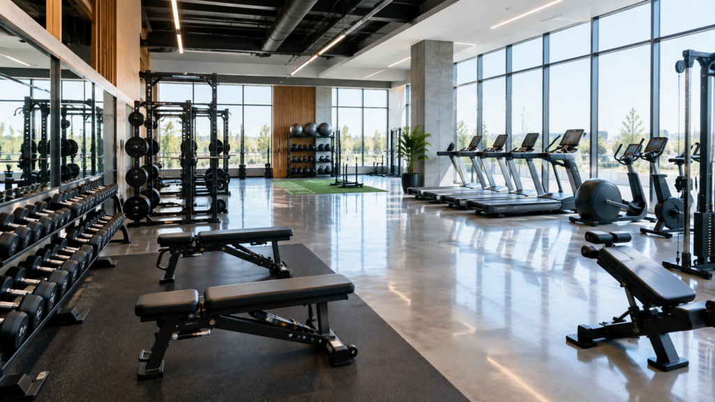 Salle de sport moderne et lumineuse avec &eacute;quipements de musculation et de cardio devant de grandes baies vitr&eacute;es