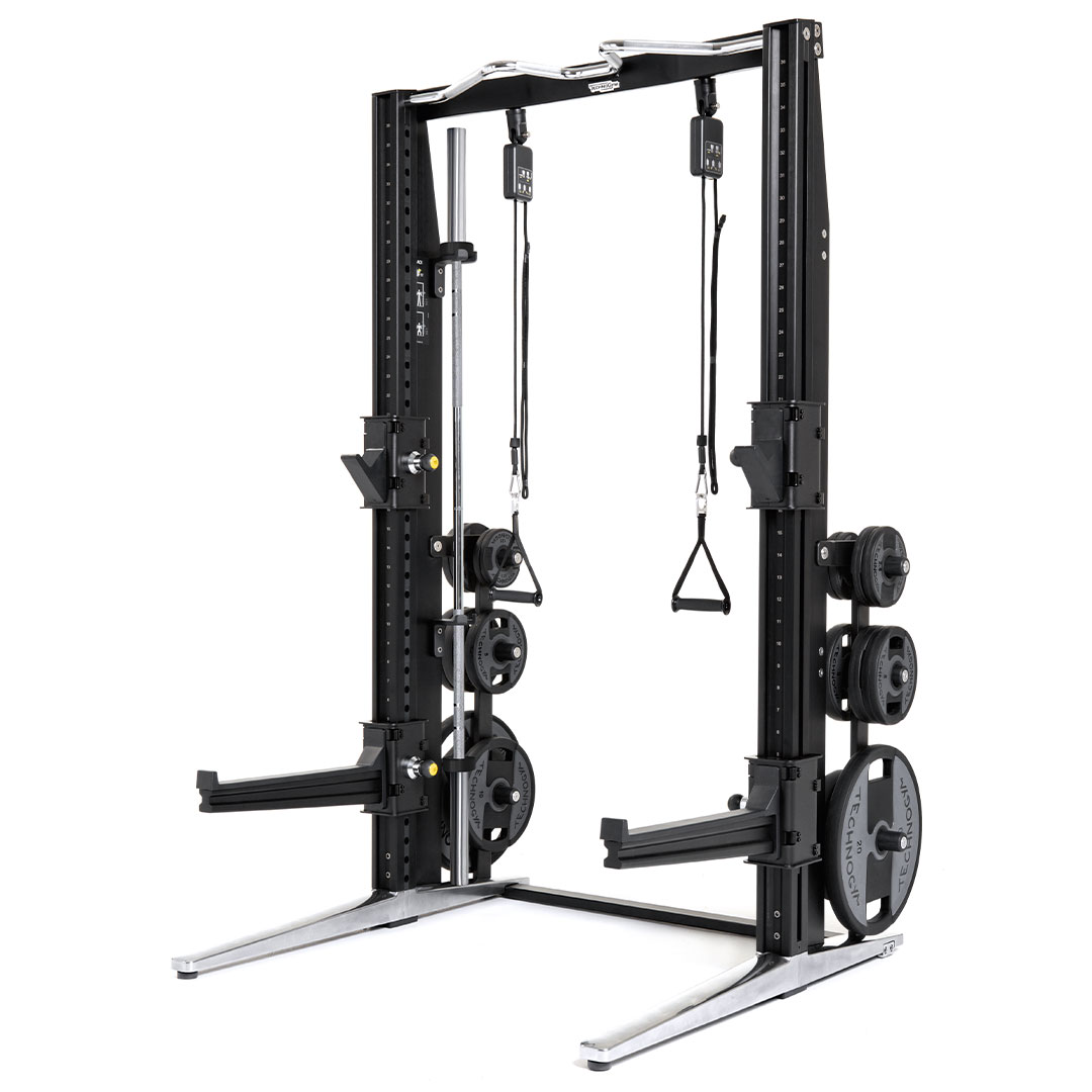 Poste de musculation &agrave; poulies avec barre et disques de poids