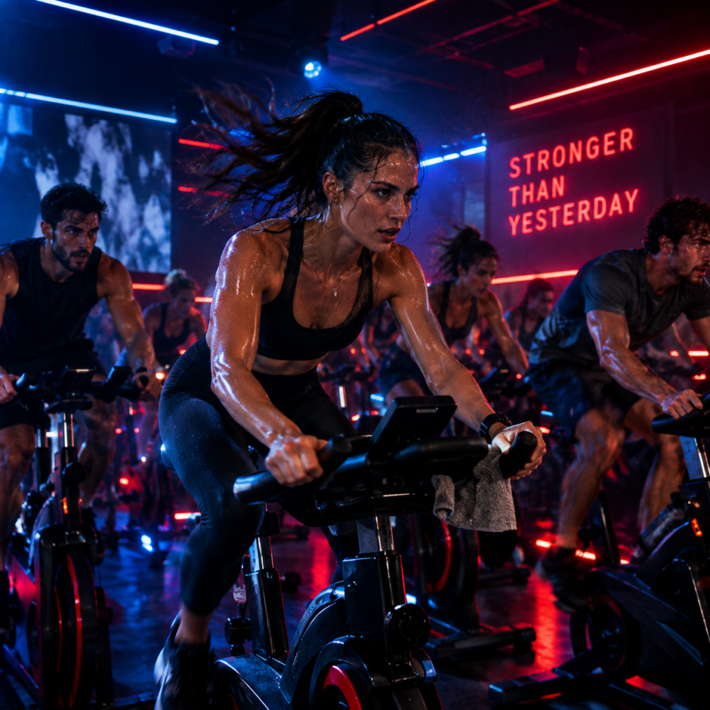 Femme menant un cours de v&eacute;lo indoor intense sous des lumi&egrave;res rouges et bleues